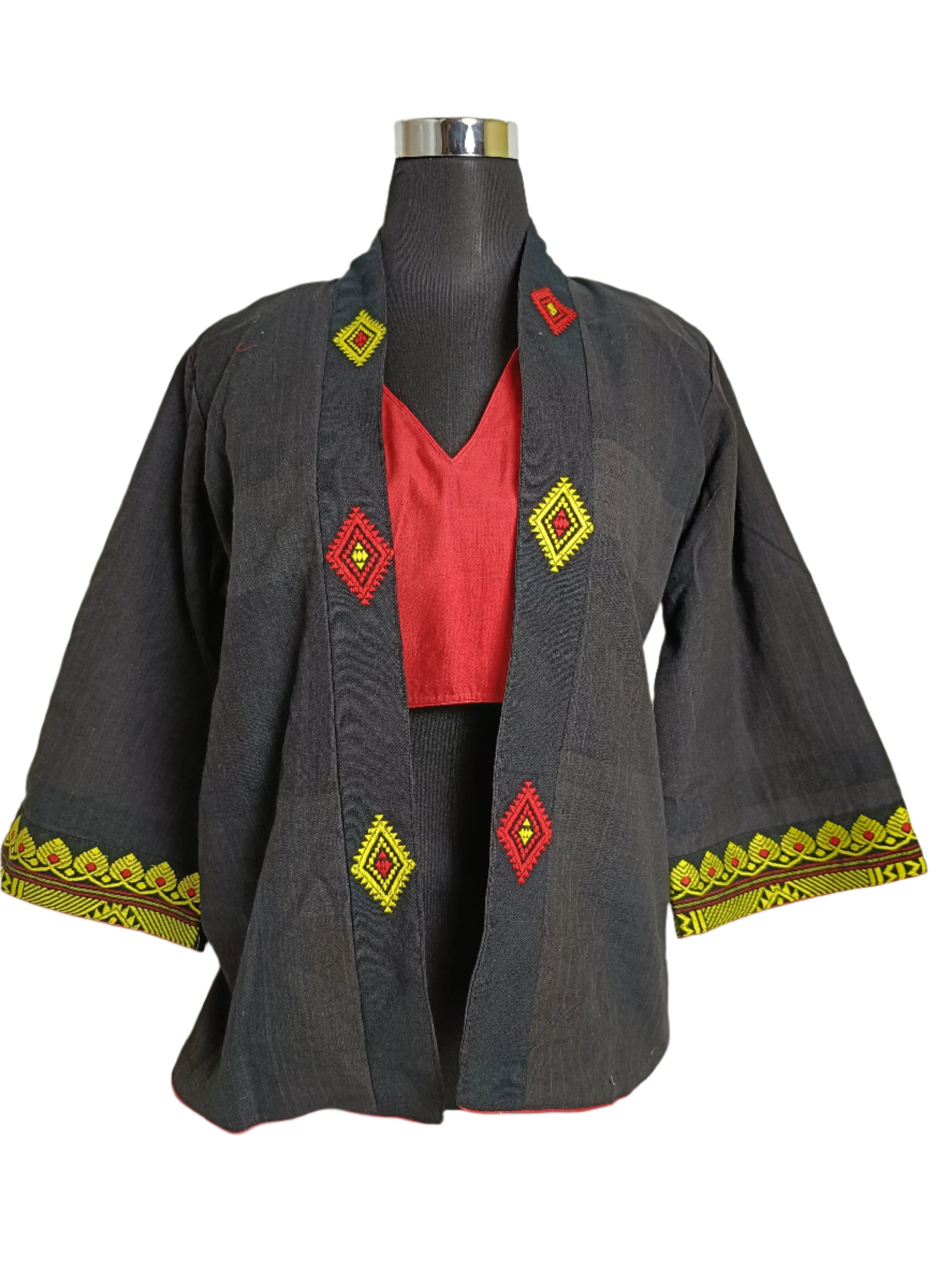 Black Shrug with Assamese traditional motifs.